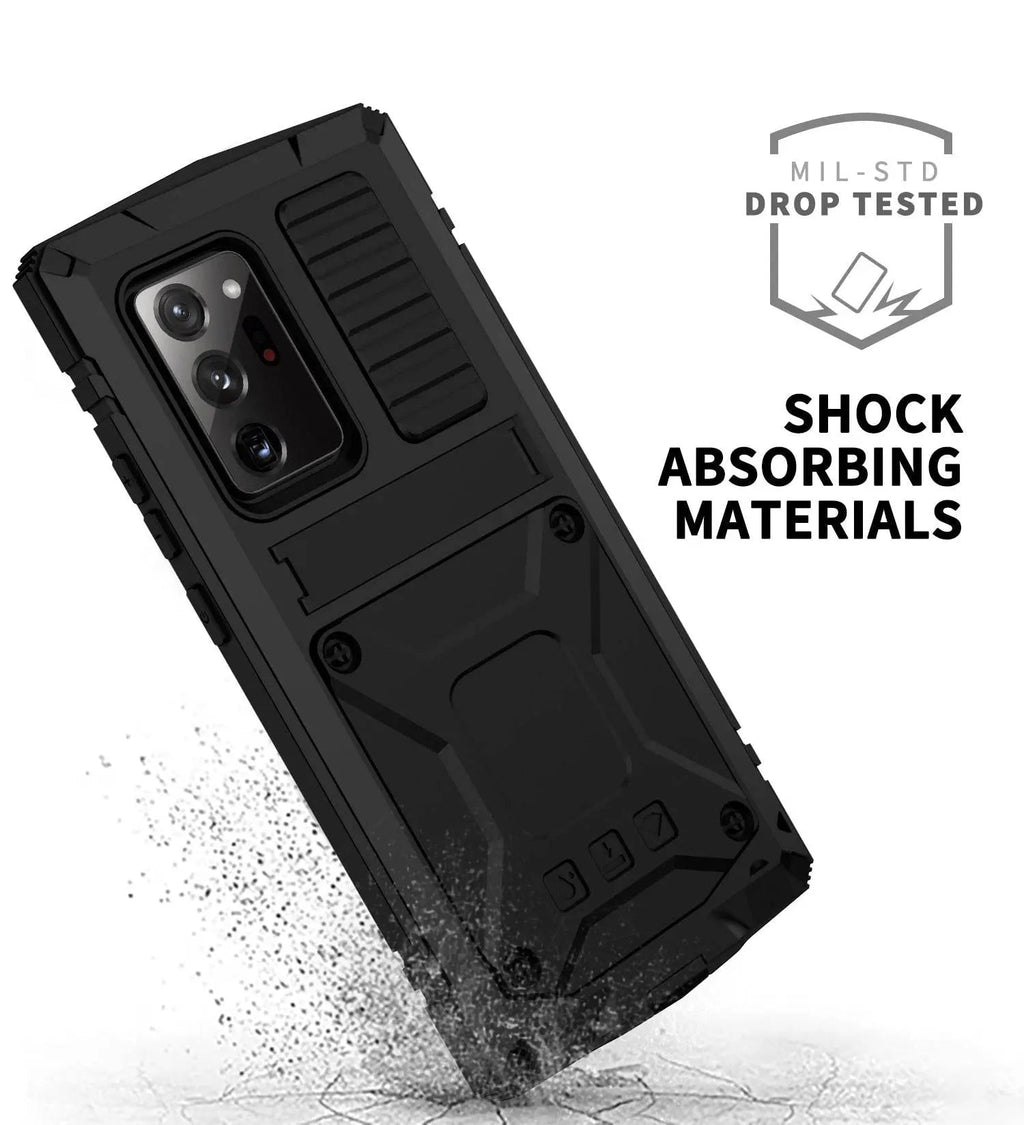 Funda de aluminio para Galaxy S21 — Vidrio templado, soporte plegable y protección contra caídas