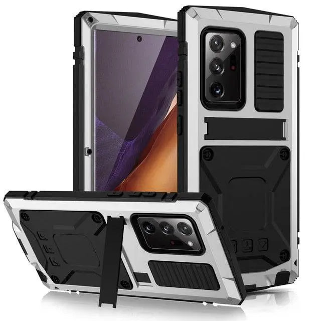 Funda de aluminio para Galaxy S21 — Vidrio templado, soporte plegable y protección contra caídas