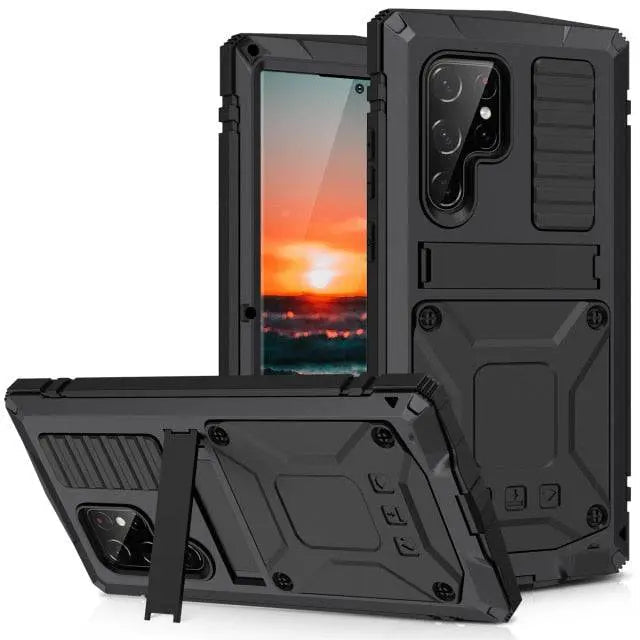 Galaxy S22 sorozathoz való fém alumíniumtok — Kitámasztó és üvegfólia