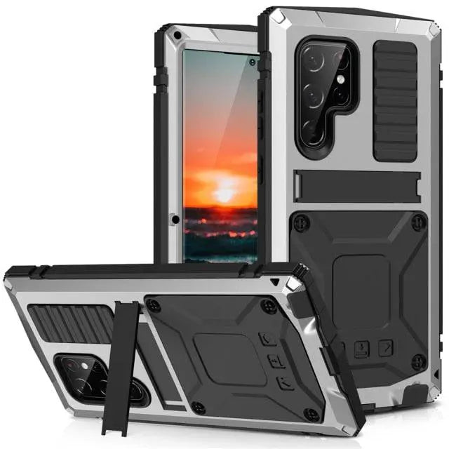 Galaxy S22 sorozathoz való fém alumíniumtok — Kitámasztó és üvegfólia