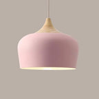 Metal and wood pendant lights in delicate pastel tones