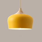 Metal and wood pendant lights in delicate pastel tones