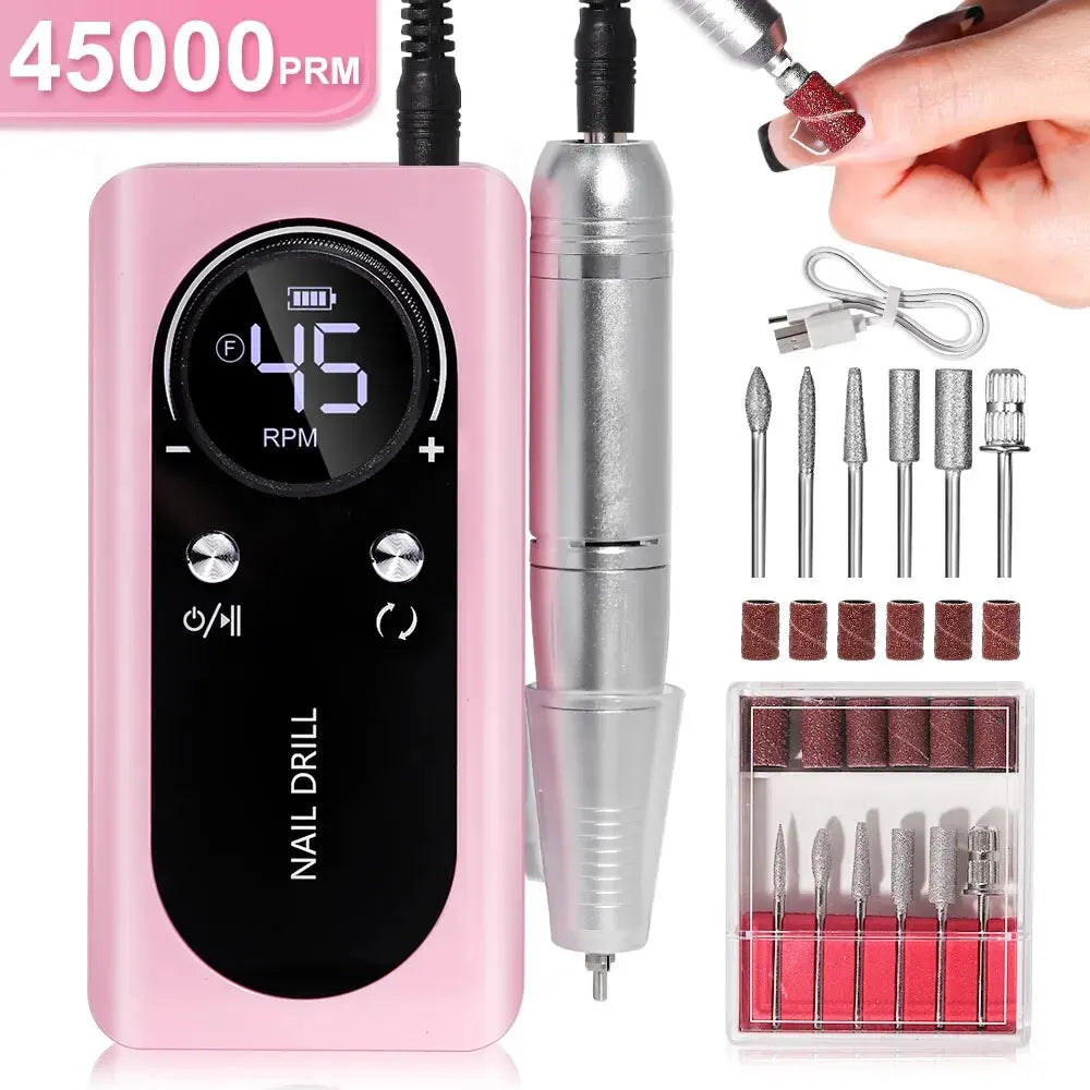 Torno eléctrico inalámbrico para uñas de 45000 RPM - Kit de manicura recargable