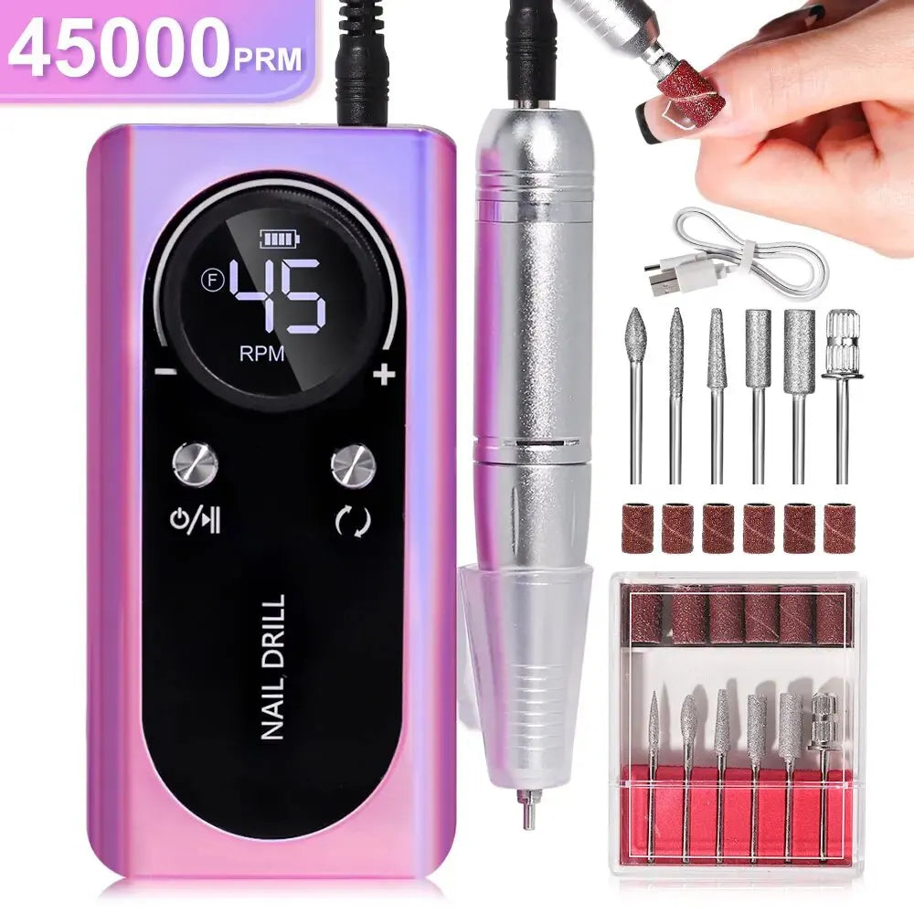 Torno eléctrico inalámbrico para uñas de 45000 RPM - Kit de manicura recargable