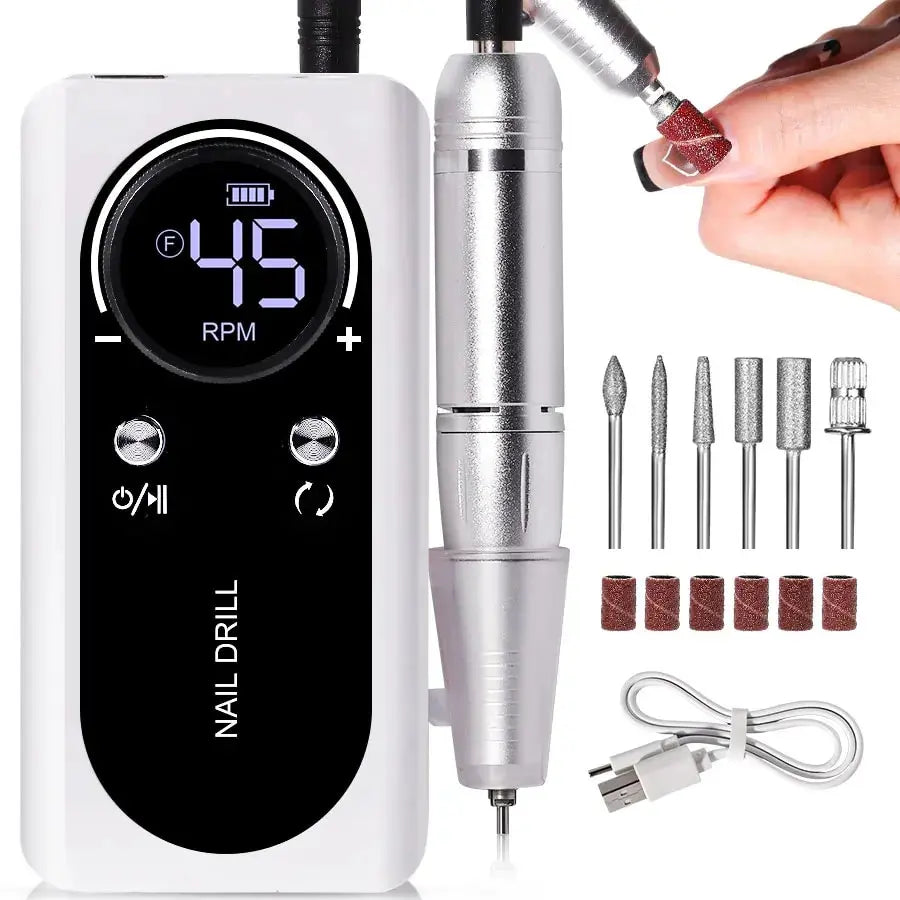 Torno eléctrico inalámbrico para uñas de 45000 RPM - Kit de manicura recargable