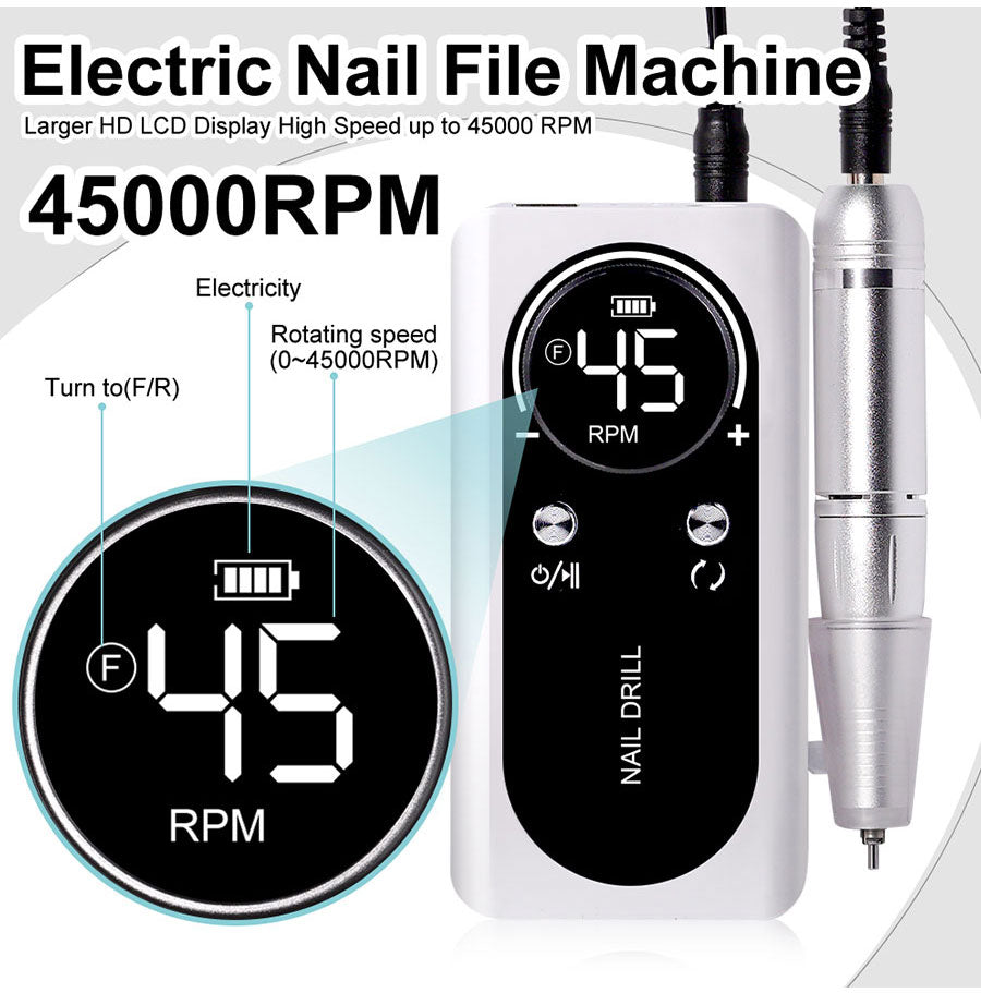 Torno eléctrico inalámbrico para uñas de 45000 RPM - Kit de manicura recargable