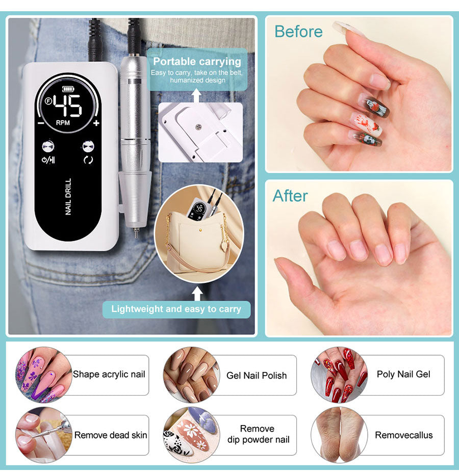 Torno eléctrico inalámbrico para uñas de 45000 RPM - Kit de manicura recargable