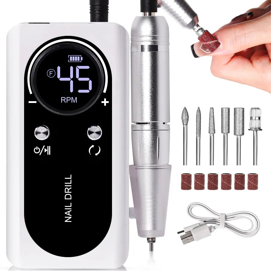 Torno eléctrico inalámbrico para uñas de 45000 RPM - Kit de manicura recargable