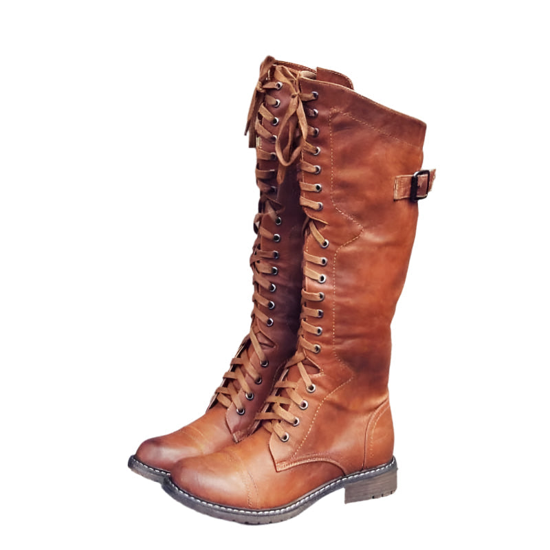 Botas de couro até ao joelho para mulher — atacadores, fecho lateral, ganchos metálicos