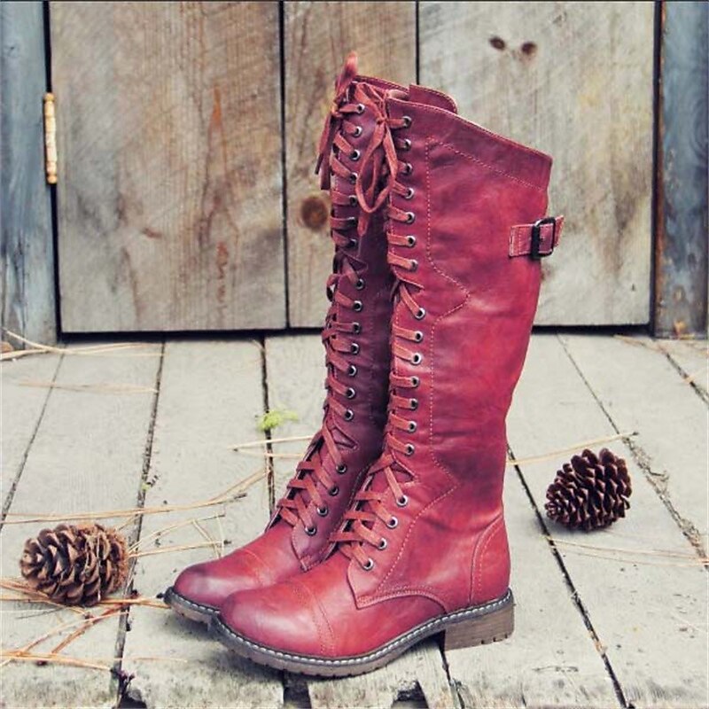 Botas de couro até ao joelho para mulher — atacadores, fecho lateral, ganchos metálicos