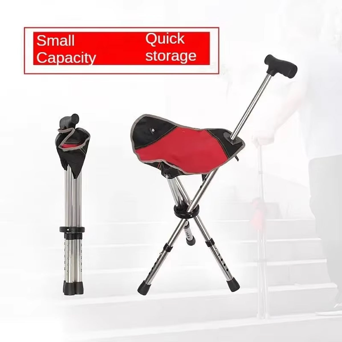 Folding Seat Cane — Aluminum Tripod, 22–34 in, 287 lb, 2.4 lb