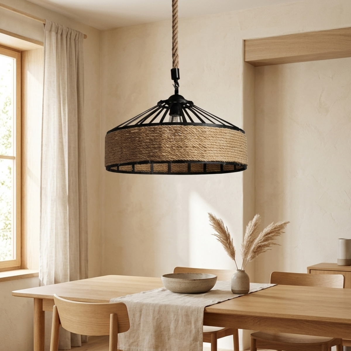Suspension industrielle rétro, structure de plafond en fer noir, abat-jour tambour en corde de chanvre tressée serrée