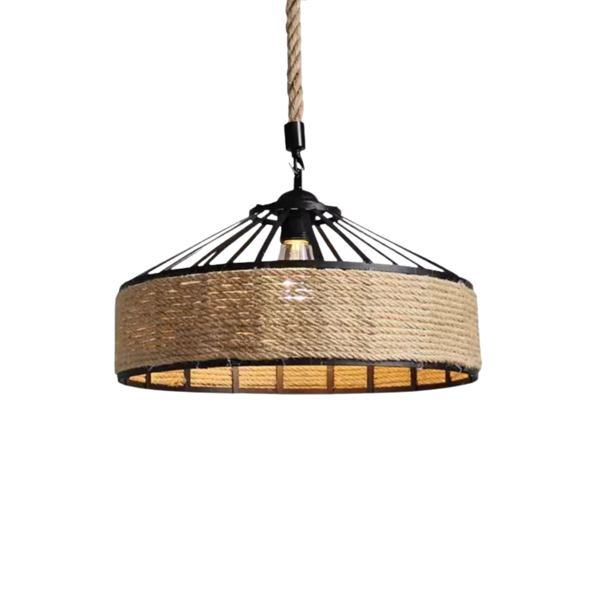 Suspension industrielle rétro, structure de plafond en fer noir, abat-jour tambour en corde de chanvre tressée serrée