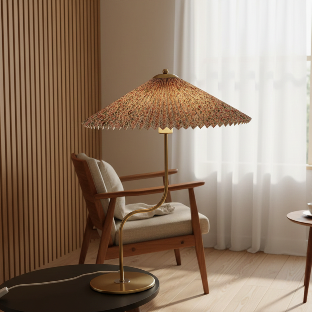 Retro-bordlampe med berøringsdæmpning og plisseret paraplyskærm