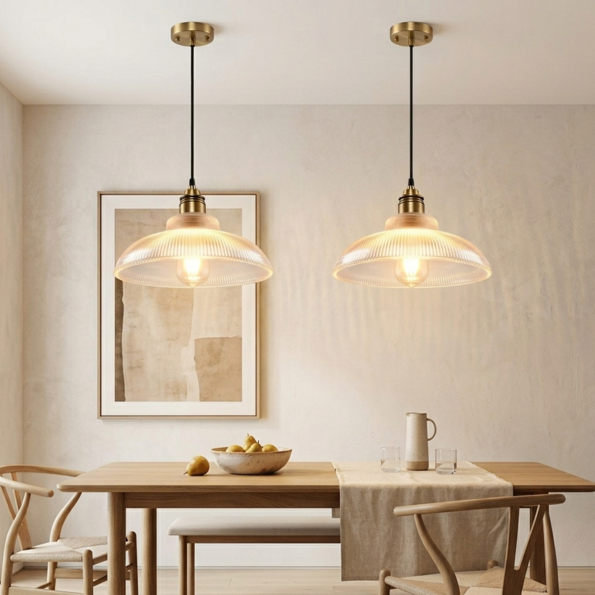 Suspension rétro en verre nervuré — Abat-jour en forme de dôme, design à ampoule apparente, cordon réglable