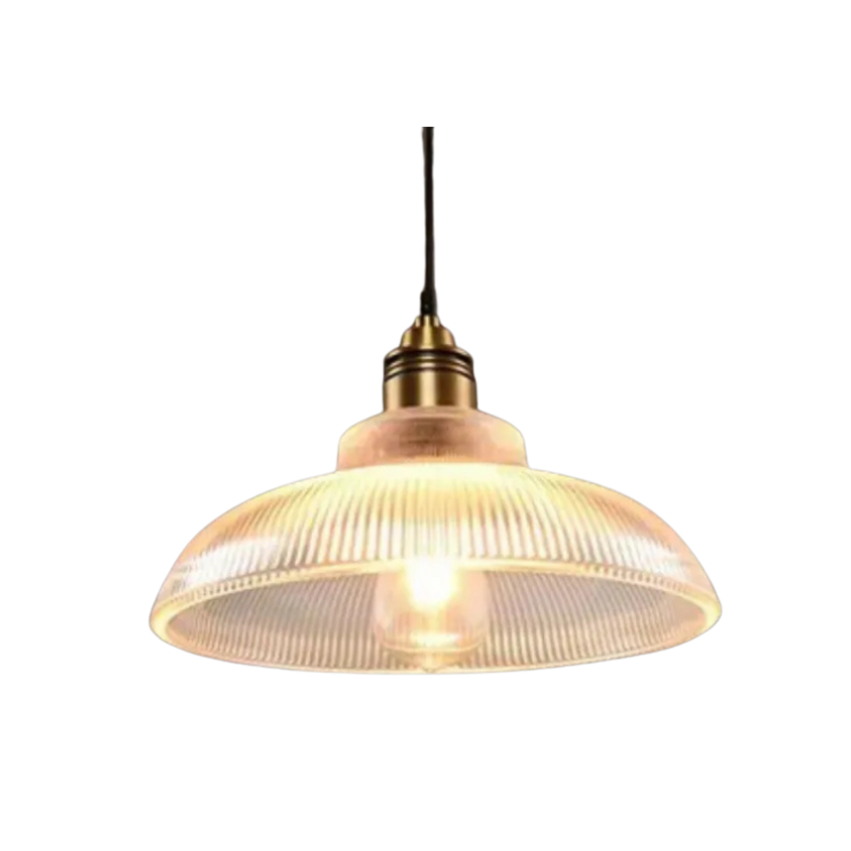 Suspension rétro en verre nervuré — Abat-jour en forme de dôme, design à ampoule apparente, cordon réglable
