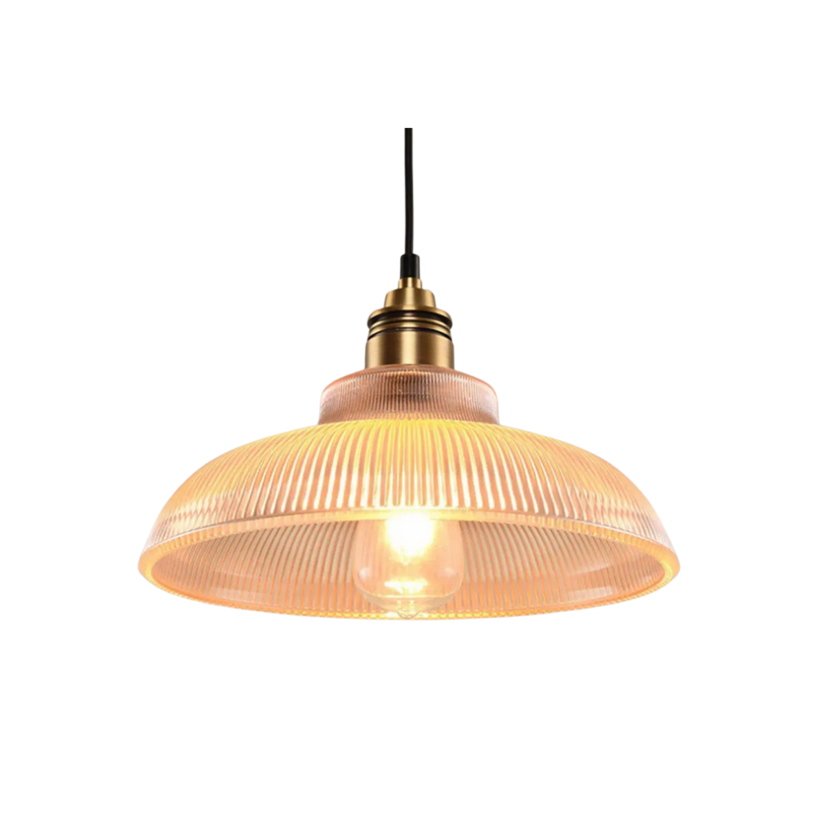 Suspension rétro en verre nervuré — Abat-jour en forme de dôme, design à ampoule apparente, cordon réglable
