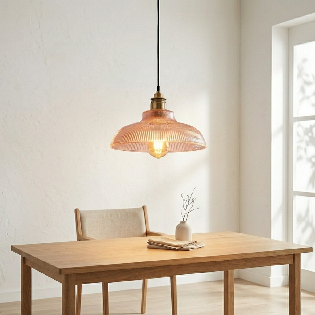Suspension rétro en verre nervuré — Abat-jour en forme de dôme, design à ampoule apparente, cordon réglable
