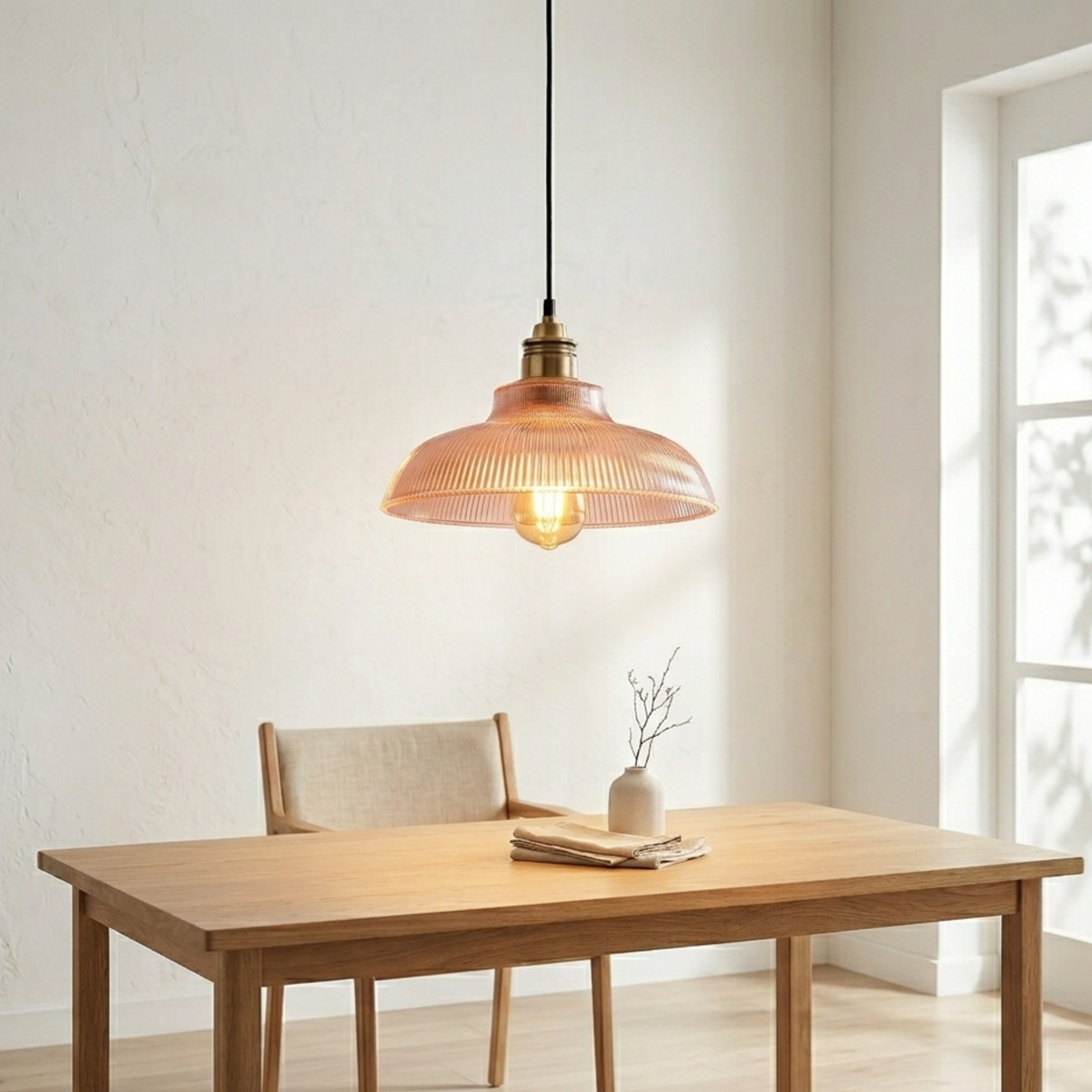 Suspension rétro en verre nervuré — Abat-jour en forme de dôme, design à ampoule apparente, cordon réglable