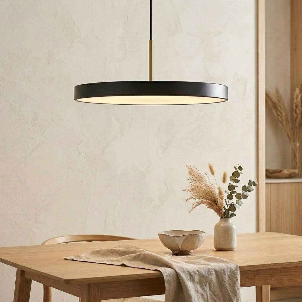 Suspension LED rétro à disque fin — partie supérieure en laiton poli, design plat minimaliste