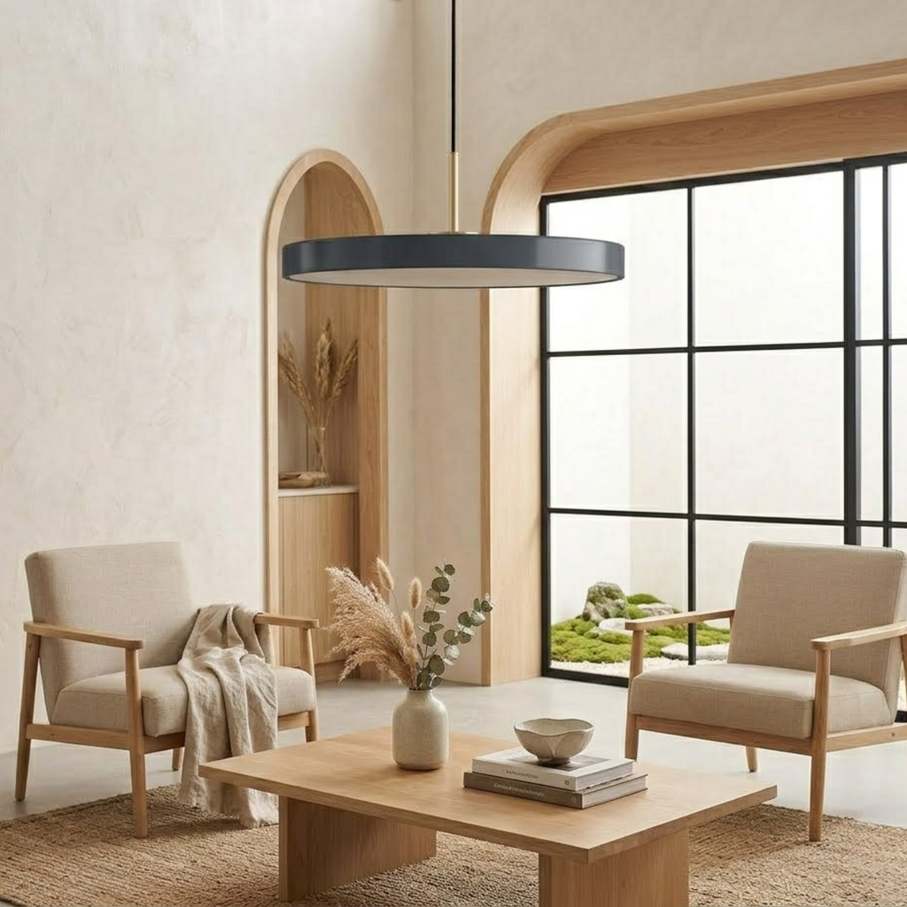 Suspension LED rétro à disque fin — partie supérieure en laiton poli, design plat minimaliste