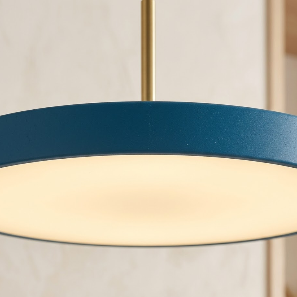 Suspension LED rétro à disque fin — partie supérieure en laiton poli, design plat minimaliste