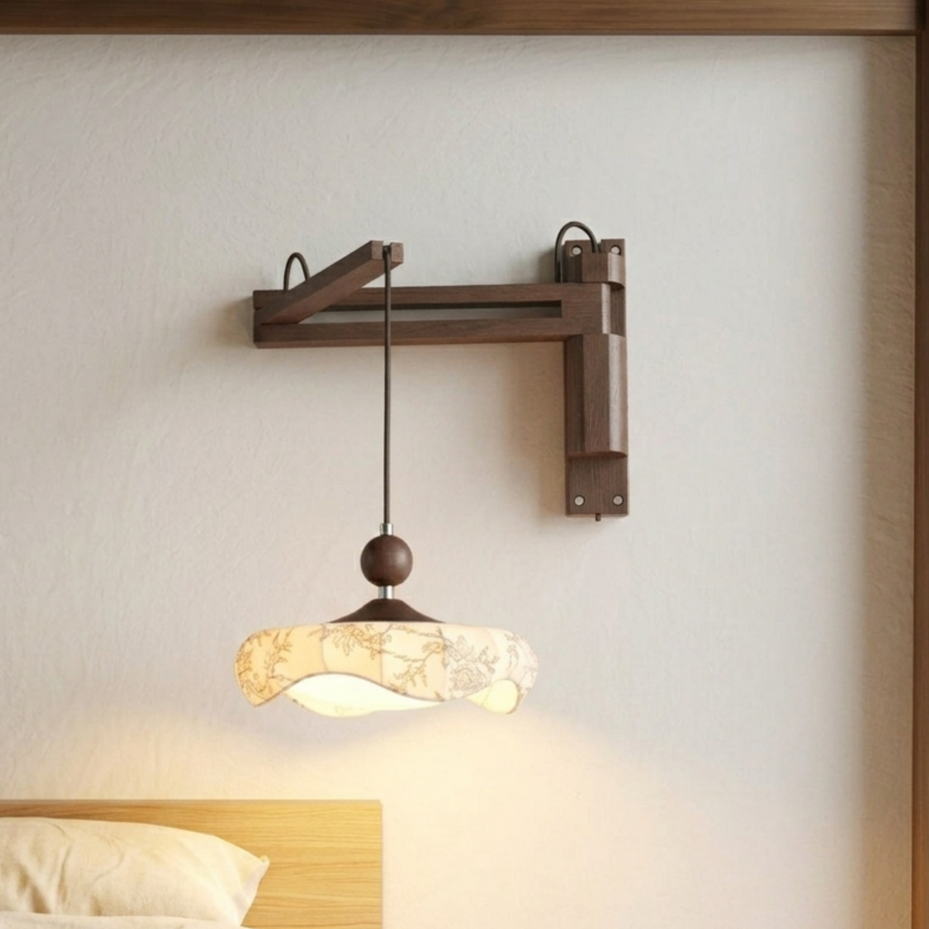 Aplique de pared retro con brazo oscilante — Diseño plegable ajustable, pantalla de tela