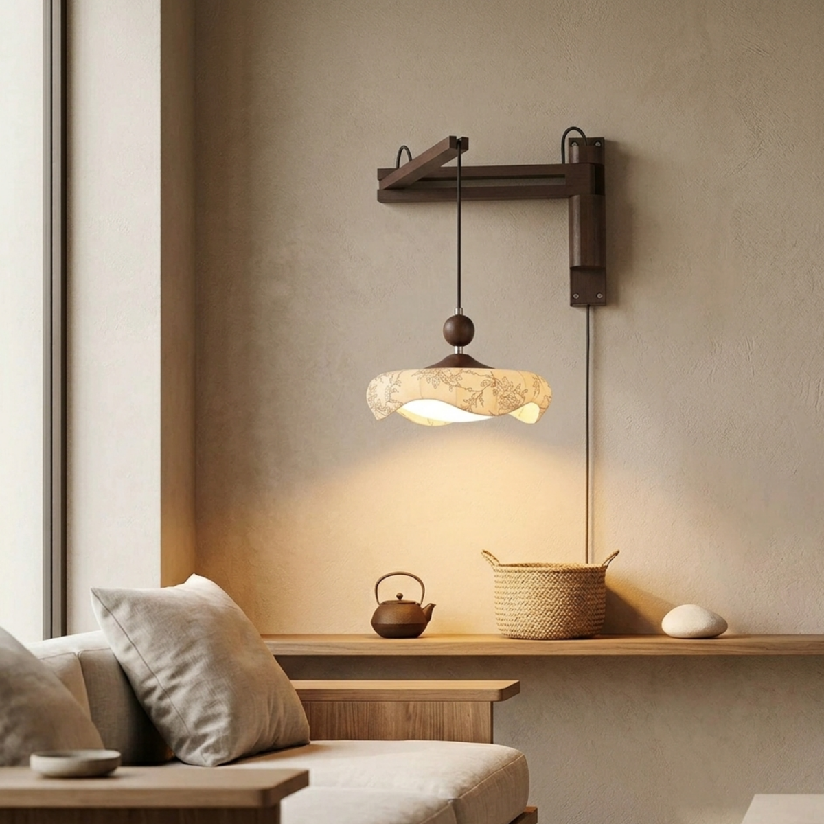 Aplique de pared retro con brazo oscilante — Diseño plegable ajustable, pantalla de tela