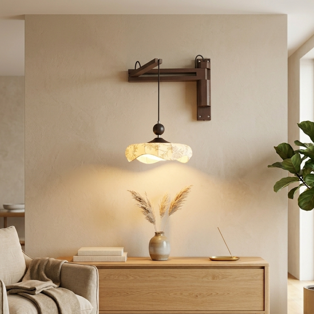 Aplique de pared retro con brazo oscilante — Diseño plegable ajustable, pantalla de tela