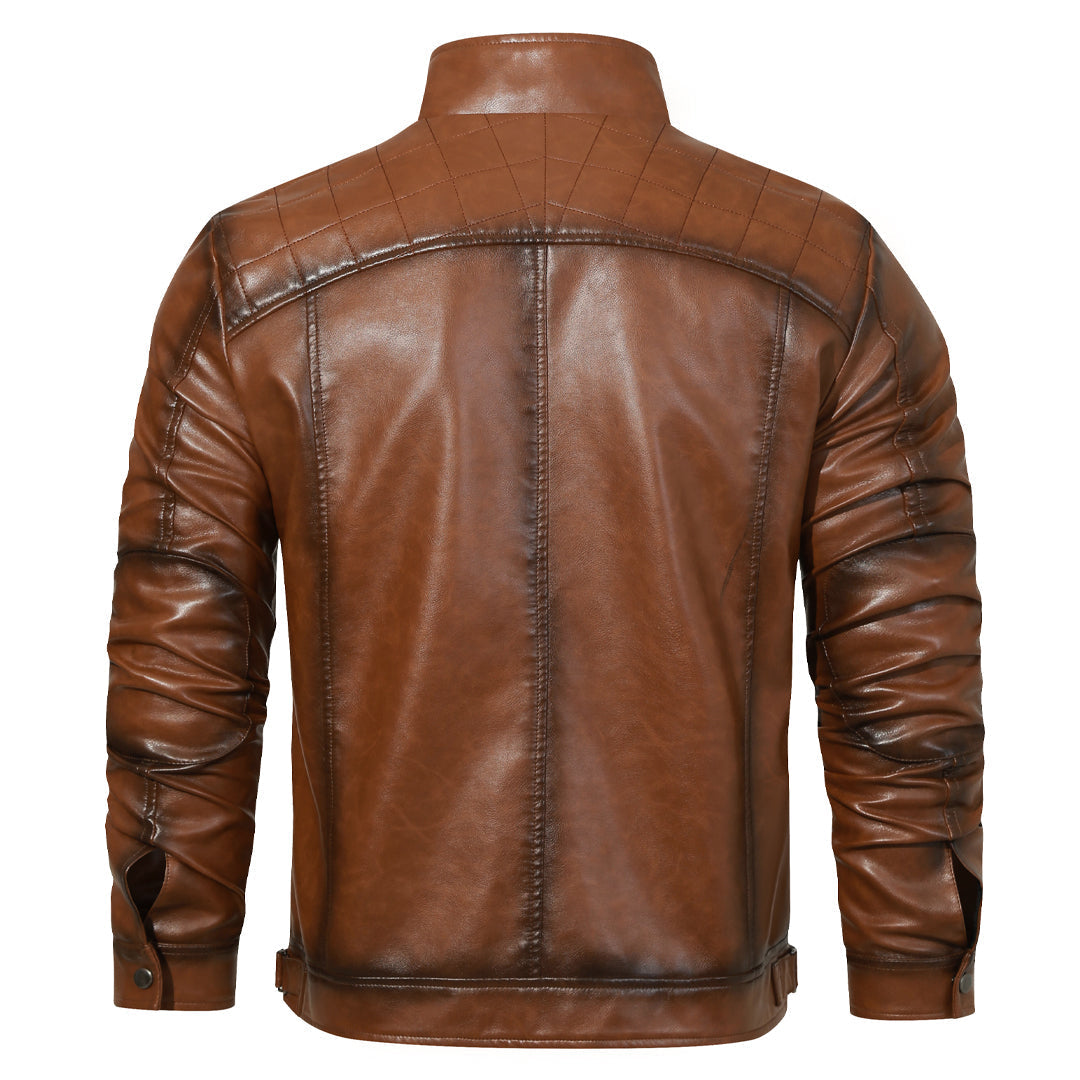 Chaqueta de moto bordada para hombre de cuero PU con cinturón lateral y bolsillos con cremallera – Estilo motero clásico para la calle, paseos y uso diario