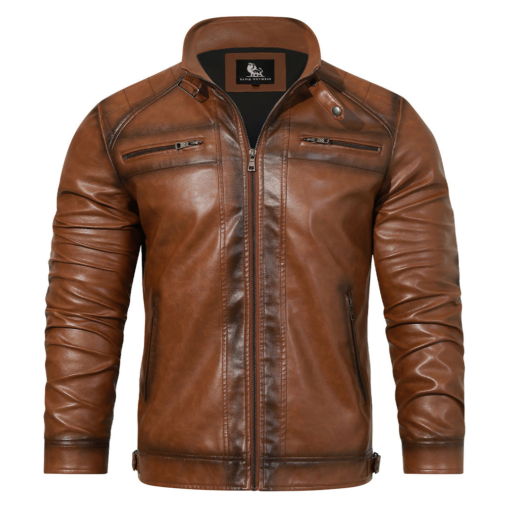 Chaqueta de moto bordada para hombre de cuero PU con cinturón lateral y bolsillos con cremallera – Estilo motero clásico para la calle, paseos y uso diario