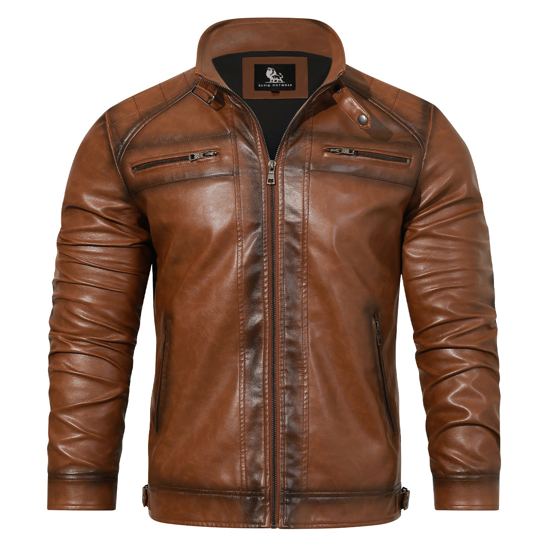 Chaqueta de moto bordada para hombre de cuero PU con cinturón lateral y bolsillos con cremallera – Estilo motero clásico para la calle, paseos y uso diario