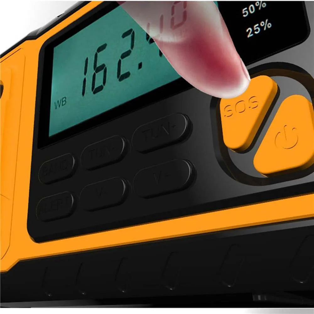 Vevradio för vädervarningar — solenergi, mobilladdare och ficklampa