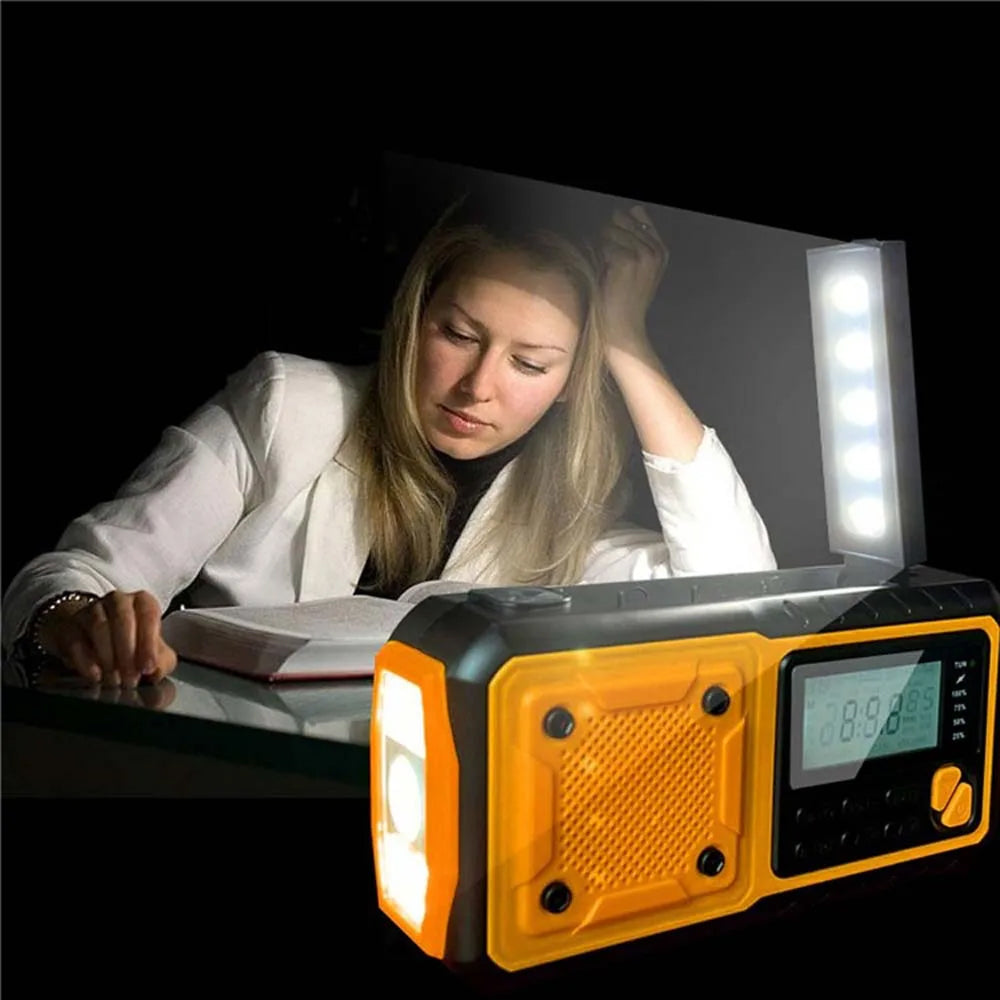Vevradio för vädervarningar — solenergi, mobilladdare och ficklampa