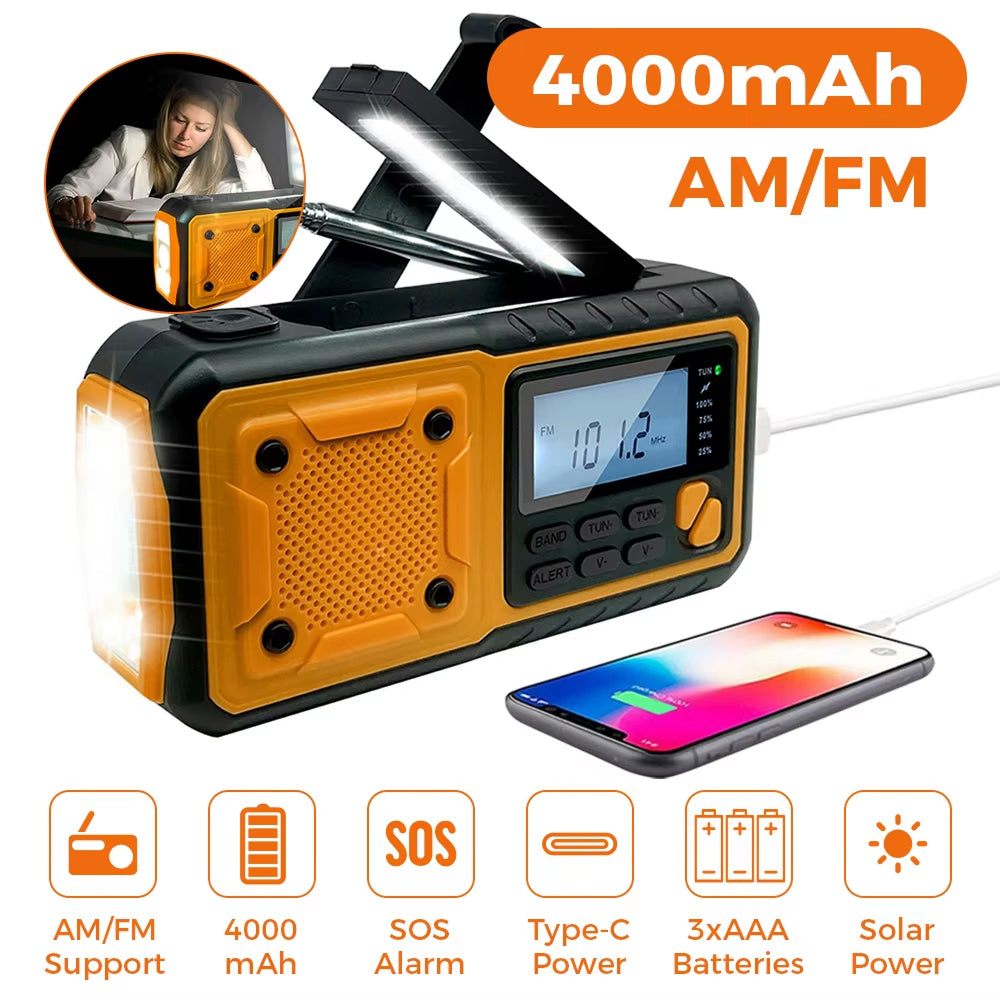 Vevradio för vädervarningar — solenergi, mobilladdare och ficklampa