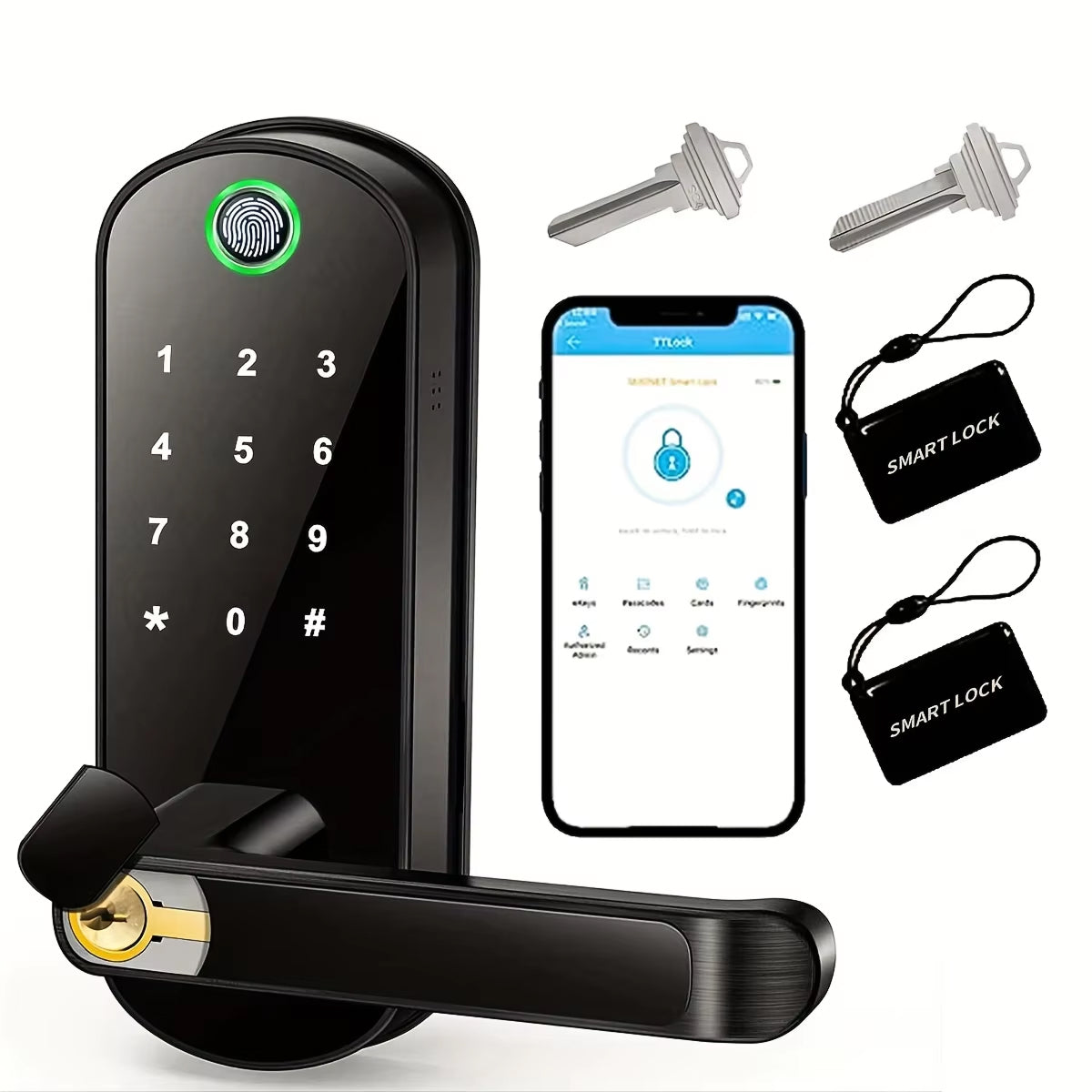 Serratura biometrica — impronta digitale, controllo tramite app, 5 metodi, 200 utenti