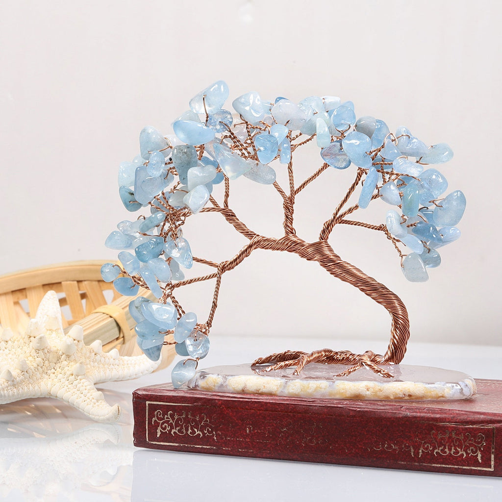 Figurine Arbre de vie en pierre naturelle - œuvre en fil métallique et cristal des chakras