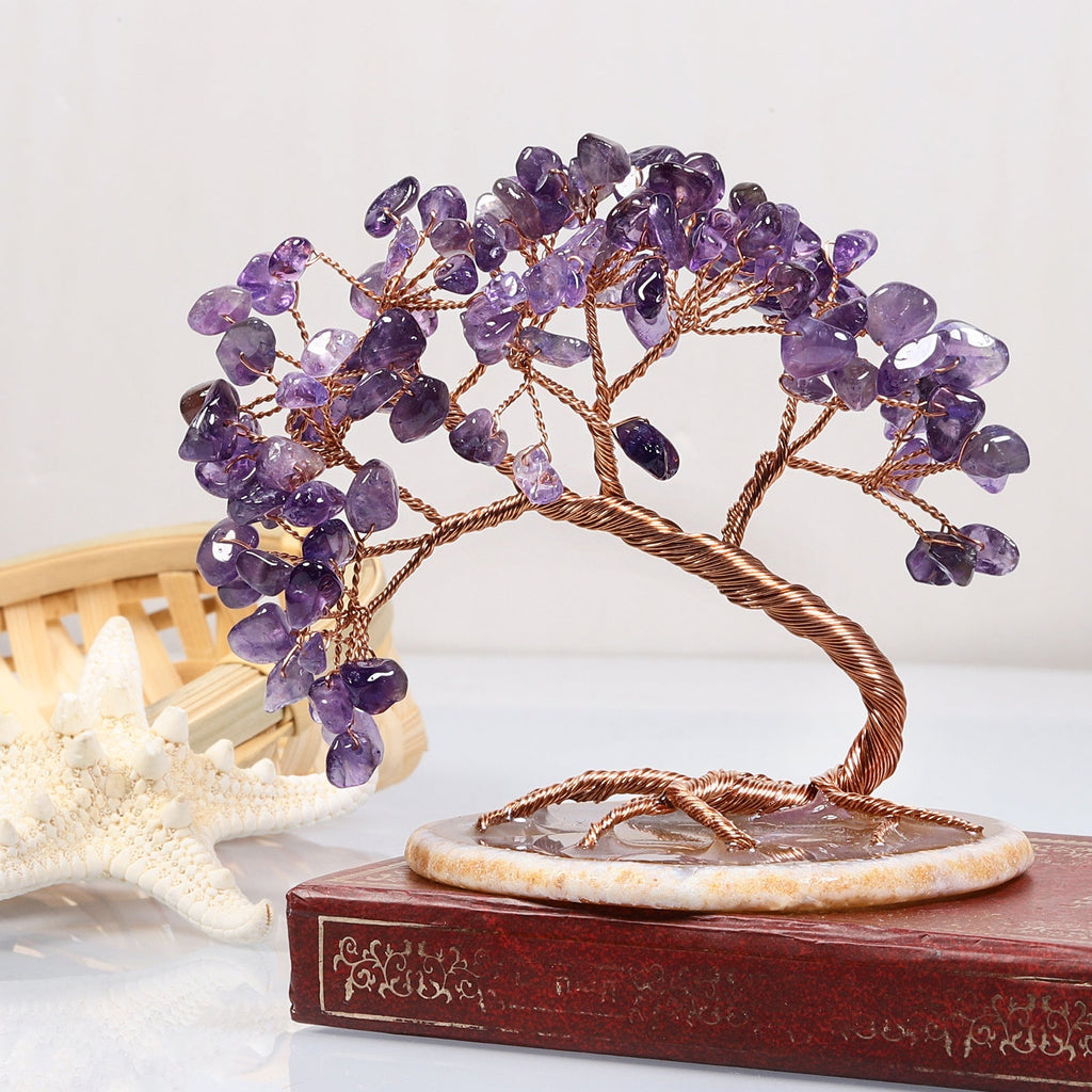 Figurine Arbre de vie en pierre naturelle - œuvre en fil métallique et cristal des chakras
