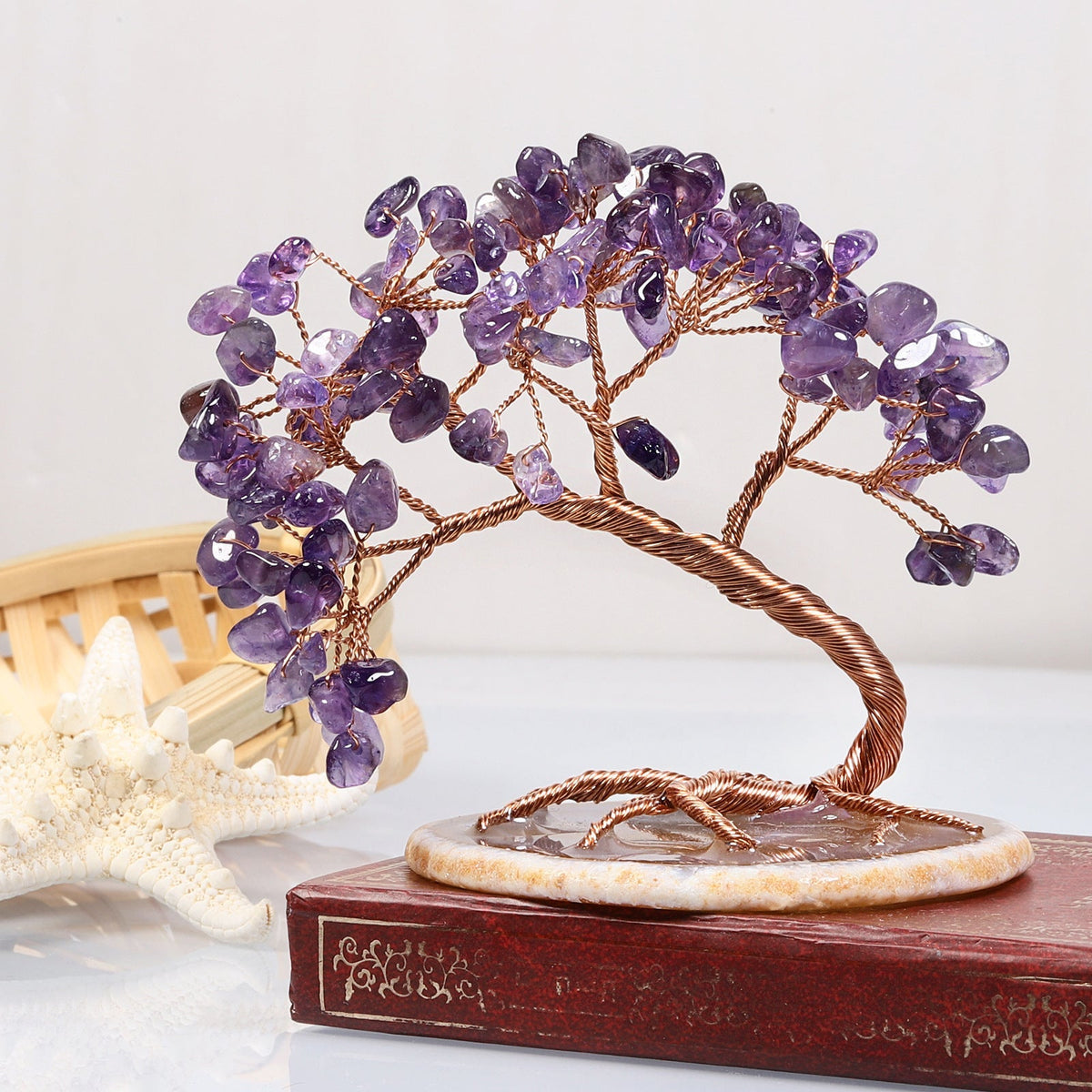 Figurine Arbre de vie en pierre naturelle - œuvre en fil métallique et cristal des chakras