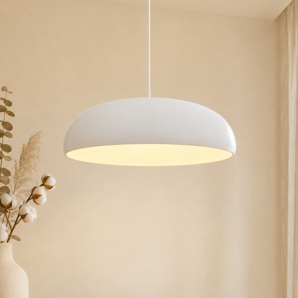 Lampă suspendată tip dom din aluminiu, minimalistă scandinavă — finisaj mat, bază deschisă
