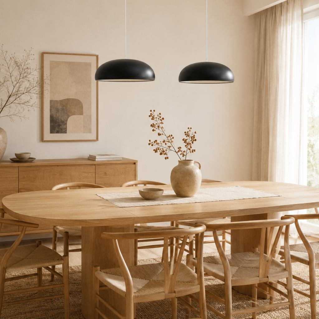 Lampă suspendată tip dom din aluminiu, minimalistă scandinavă — finisaj mat, bază deschisă