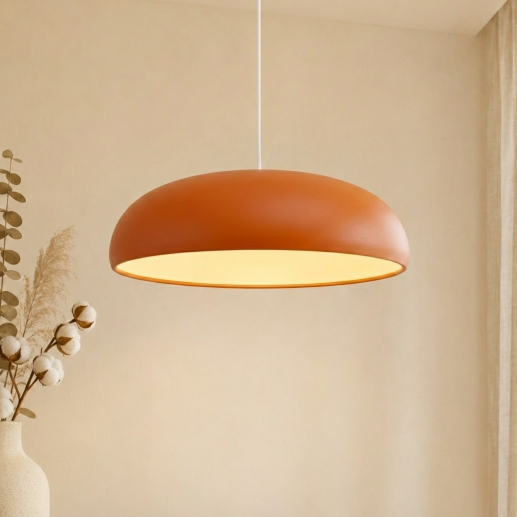 Lampă suspendată tip dom din aluminiu, minimalistă scandinavă — finisaj mat, bază deschisă