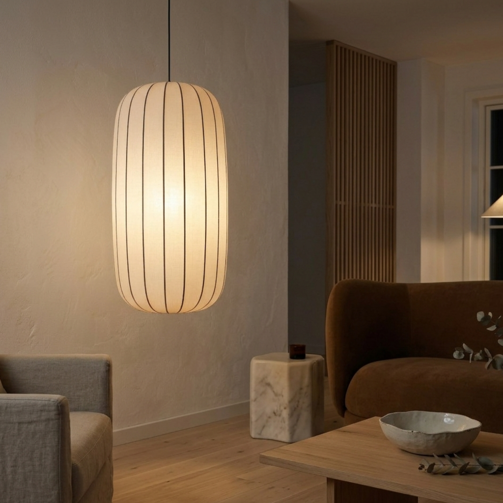 Scandi plissert stoffpendellampe — metallramme, integrert LED