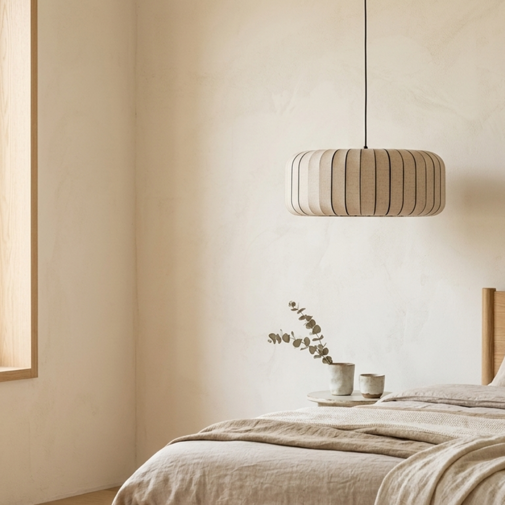 Scandi plissert stoffpendellampe — metallramme, integrert LED