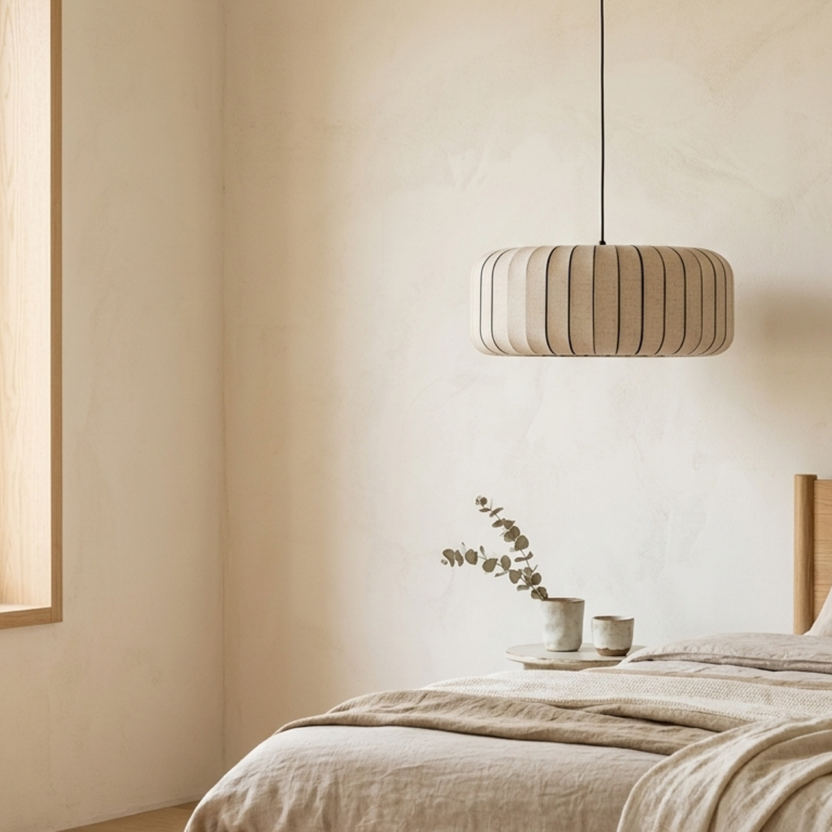 Scandi plissert stoffpendellampe — metallramme, integrert LED
