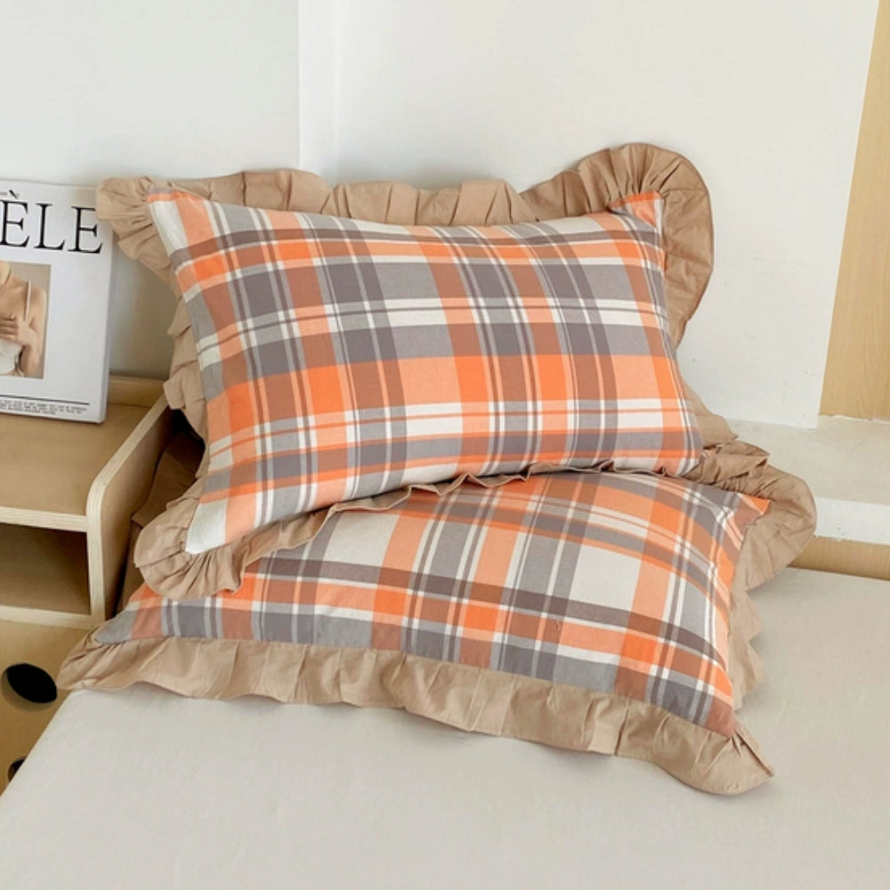 Mikrofiberpudebetræk i queen-size — flæsekant, lynlås, vintage-striber