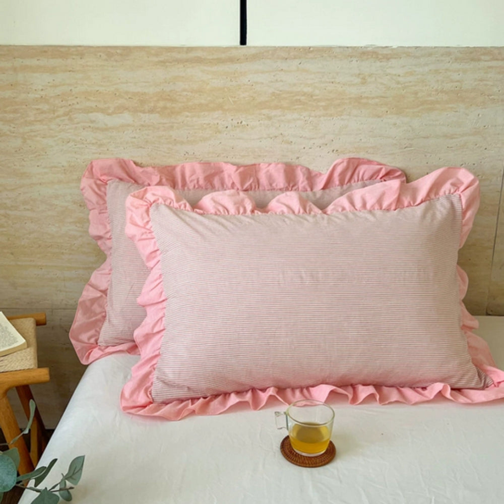 Mikrofiberpudebetræk i queen-size — flæsekant, lynlås, vintage-striber