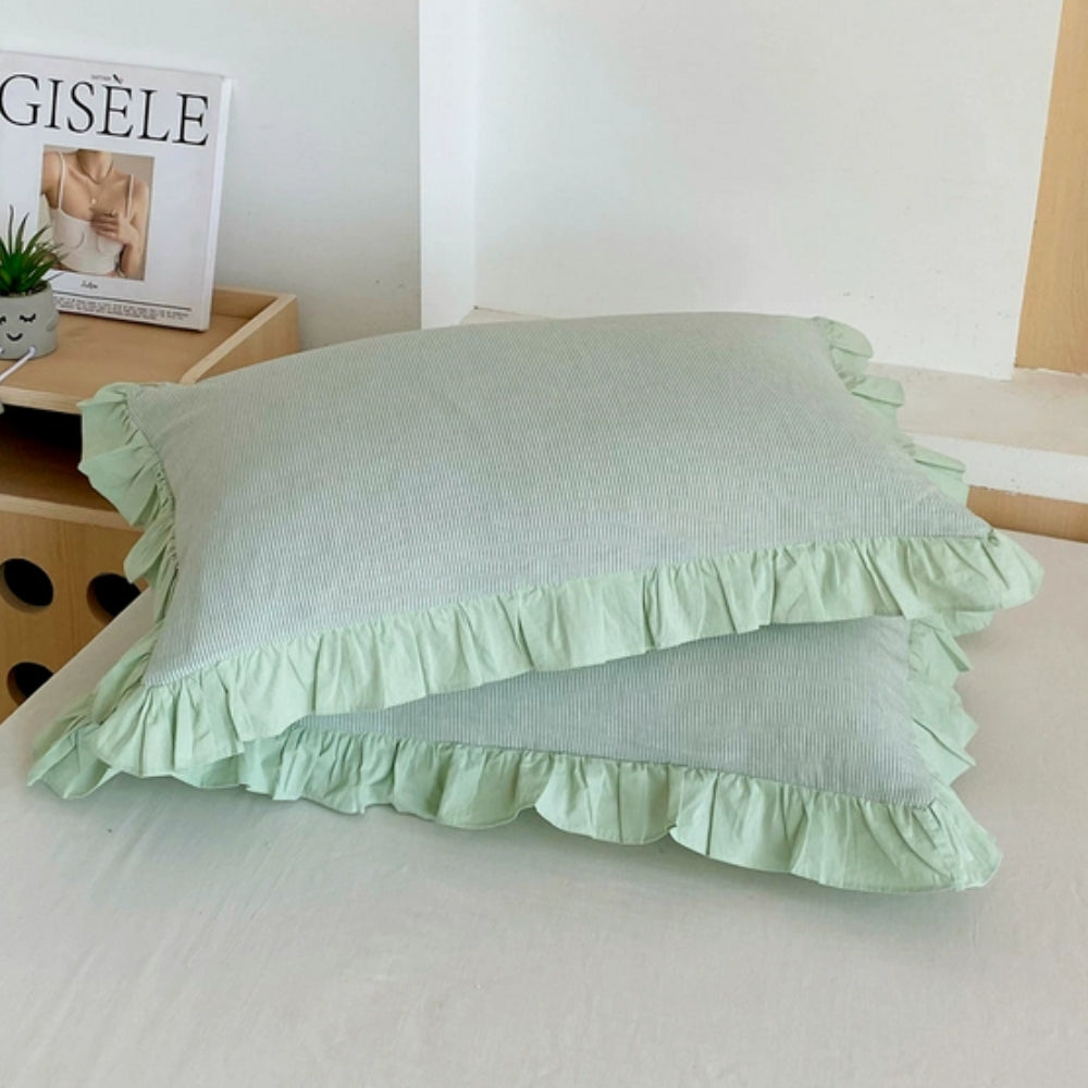 Mikrofiberpudebetræk i queen-size — flæsekant, lynlås, vintage-striber