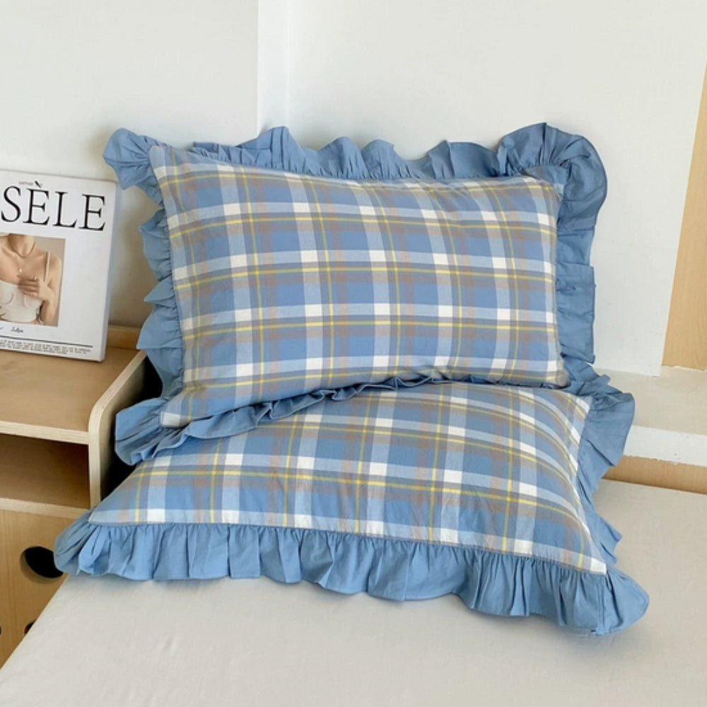Mikrofiberpudebetræk i queen-size — flæsekant, lynlås, vintage-striber