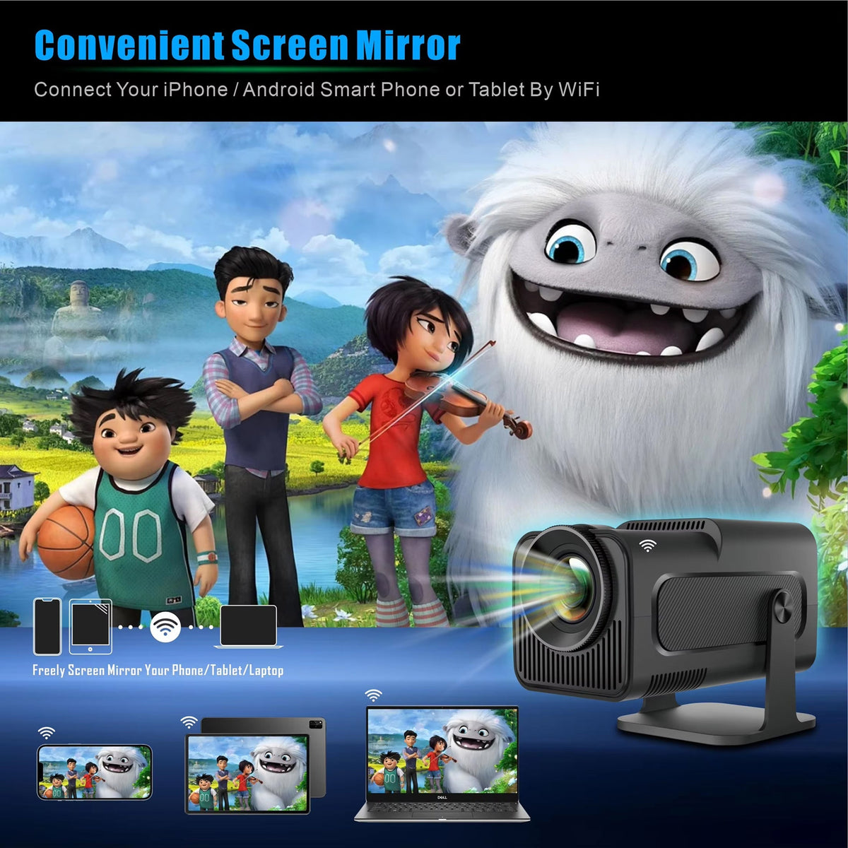 Portable Mini Projector 1080p Full HD — Android WiFi LED, 150-Inch